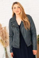 Blue leather biker jacket with floral cotton lining - Image n°6