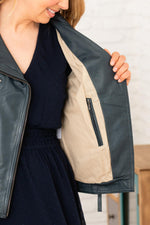 Blue leather biker jacket with floral cotton lining - Image n°8