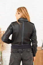 Short leather jacket with aged blue shirt collar - Image n°5