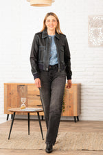 Short leather jacket with aged blue shirt collar - Image n°3