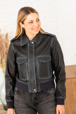 Short leather jacket with aged blue shirt collar - Image n°8