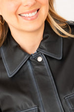 Short leather jacket with aged blue shirt collar - Image n°6