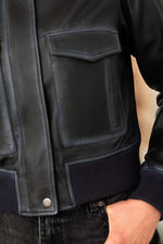 Short leather jacket with aged blue shirt collar - Image n°7