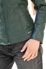 Women's green leather jacket with biker collar - Image n°8
