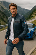 Sheepskin leather jacket in royal blue, biker collar, all-season fit. - Image n°10