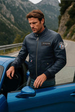 Sheepskin leather jacket in royal blue, biker collar, all-season fit. - Image n°11