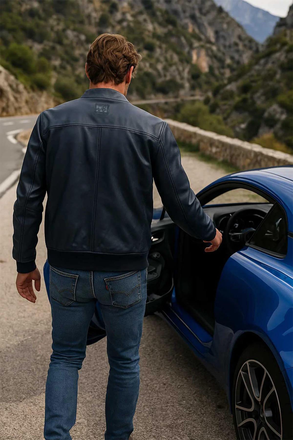 Sheepskin leather jacket in royal blue, biker collar, all-season fit. - Image n°12
