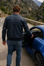 Sheepskin leather jacket in royal blue, biker collar, all-season fit. - Image n°12