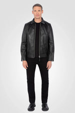 Black leather jacket with shirt collar - Image n°7