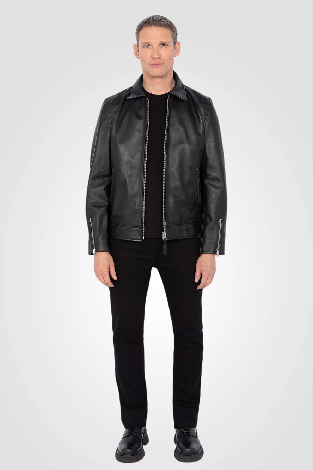 Black leather jacket with shirt collar - Image n°7