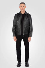 Black leather jacket with shirt collar - Image n°7