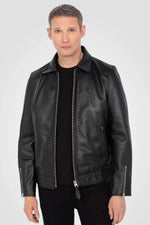 Black leather jacket with shirt collar - Image n°1