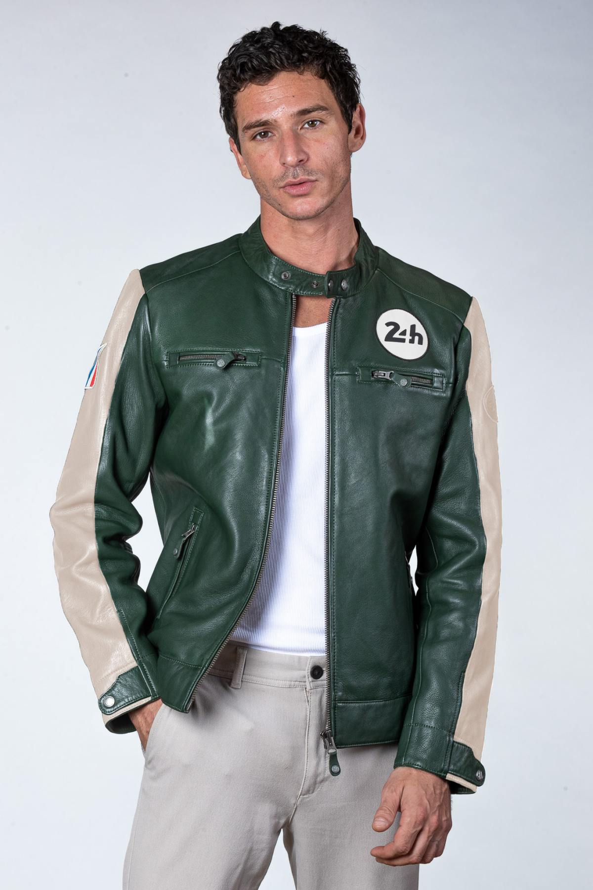 Green leather jacket with biker collar, vegetable tanned - Image n°2