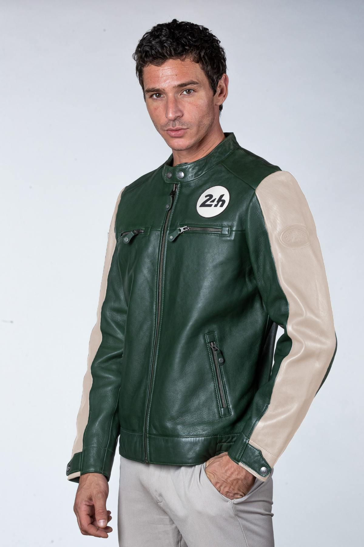 Green leather jacket with biker collar, vegetable tanned - Image n°1