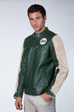 Green leather jacket with biker collar, vegetable tanned - Image n°1