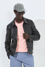 Black leather jacket with elegant shirt collar - Image n°2