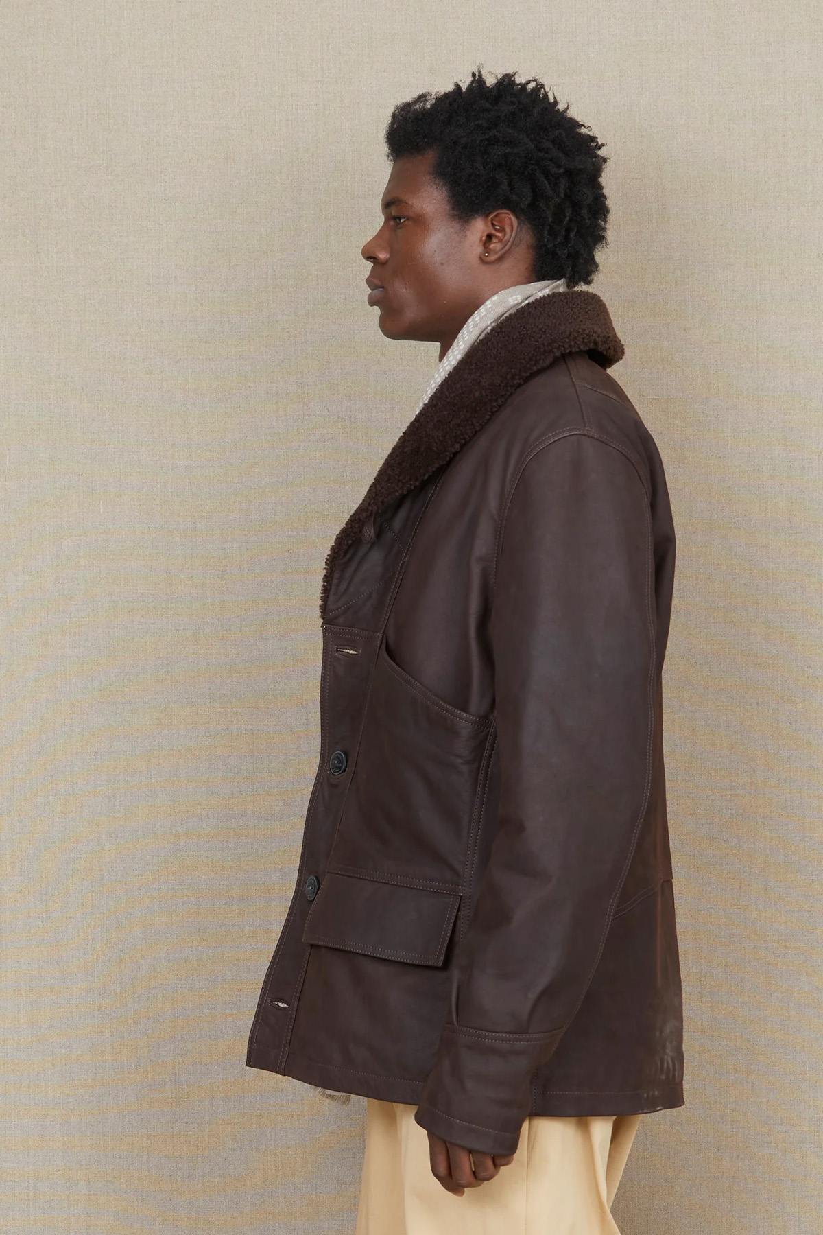 Brown leather jacket with sheepskin shawl collar - Image n°6