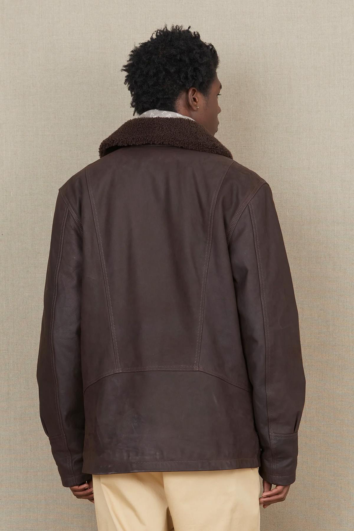 Brown leather jacket with sheepskin shawl collar - Image n°2