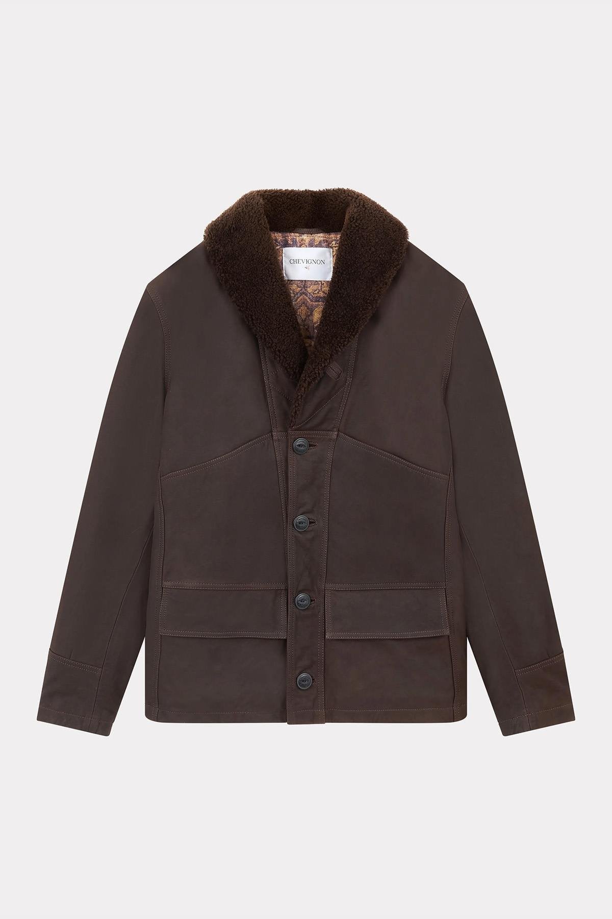 Brown leather jacket with sheepskin shawl collar - Image n°7