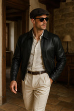 Black leather jacket with elegant shirt collar - Image n°1