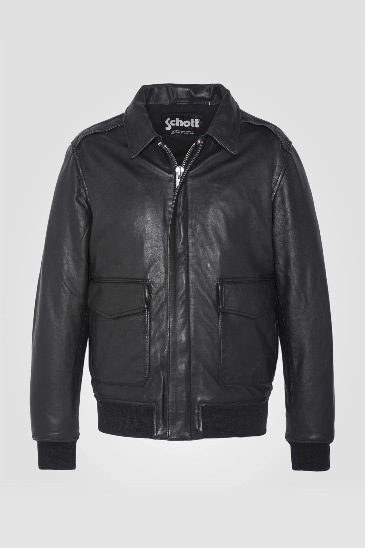 Men's black leather shirt collar bomber jacket - Image n°1