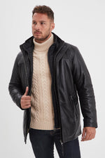 Black leather jacket with stand-up collar and removable facing - Image n°5