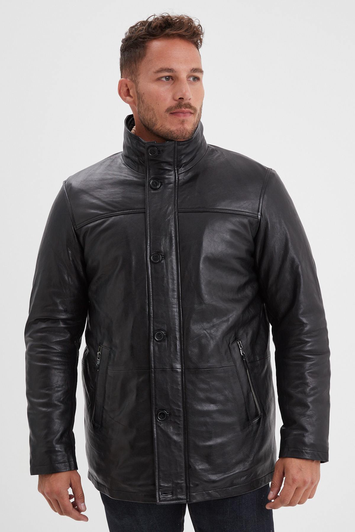 Black leather jacket with stand-up collar and removable facing - Image n°6