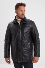 Black leather jacket with stand-up collar and removable facing - Image n°2