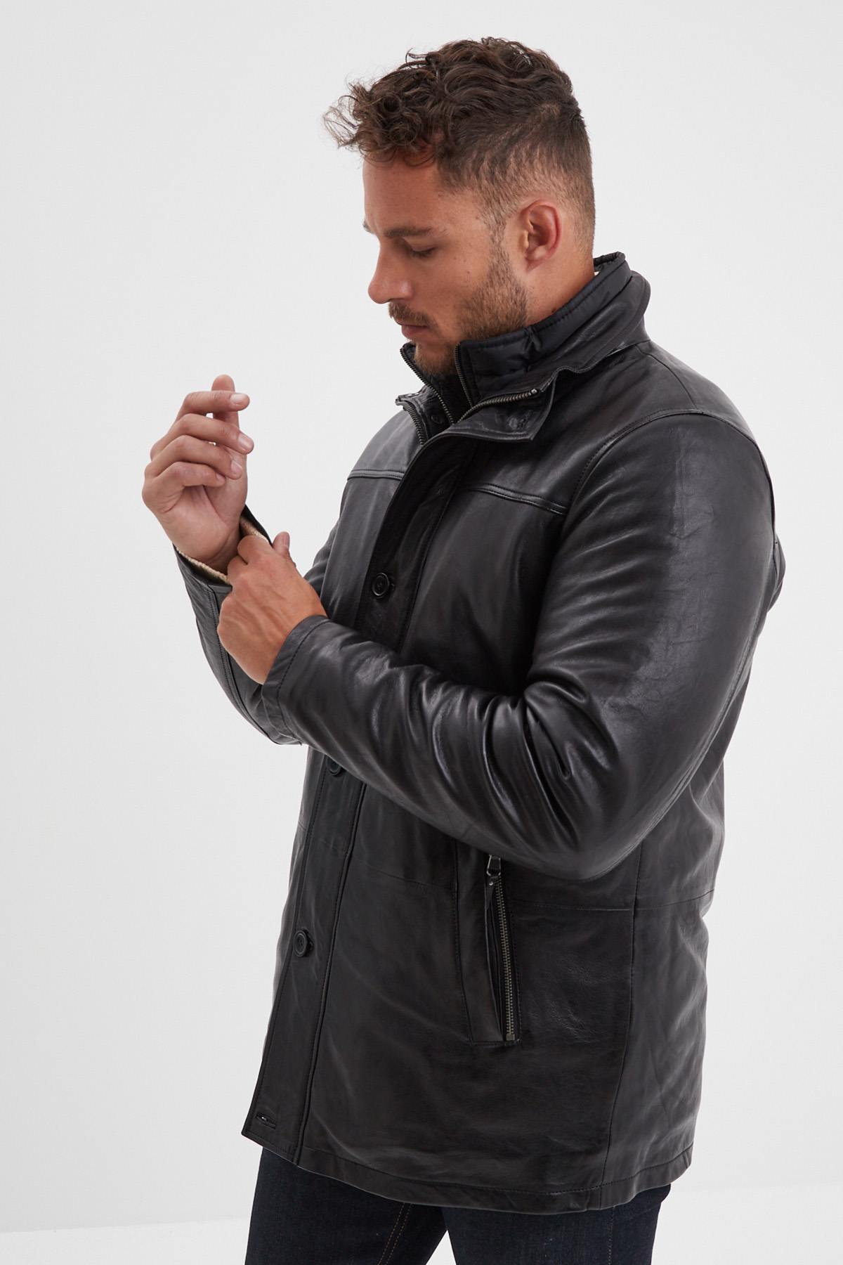 Black leather jacket with stand-up collar and removable facing - Image n°7