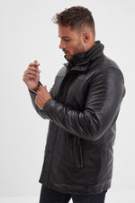 Black leather jacket with stand-up collar and removable facing - Image n°7