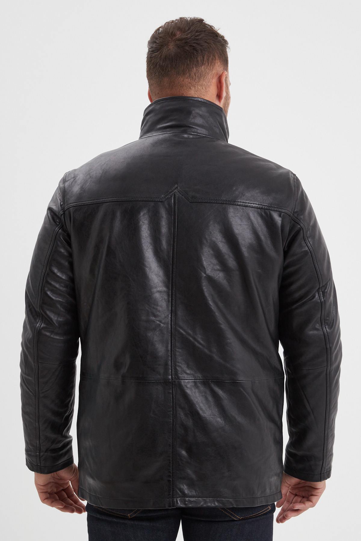 Black leather jacket with stand-up collar and removable facing - Image n°3