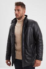 Black leather jacket with stand-up collar and removable facing - Image n°1