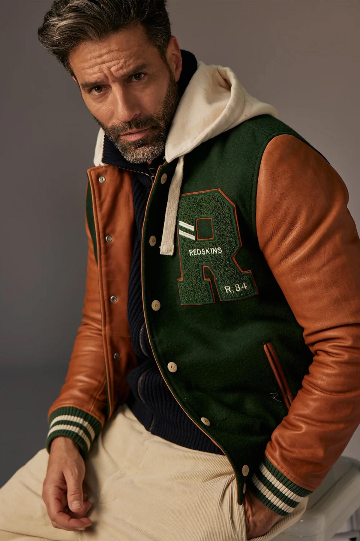 Green and cognac leather teddy with removable hood - Image n°6