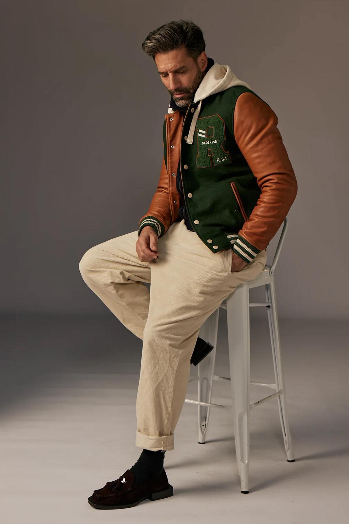 Green and cognac leather teddy with removable hood - Image n°2