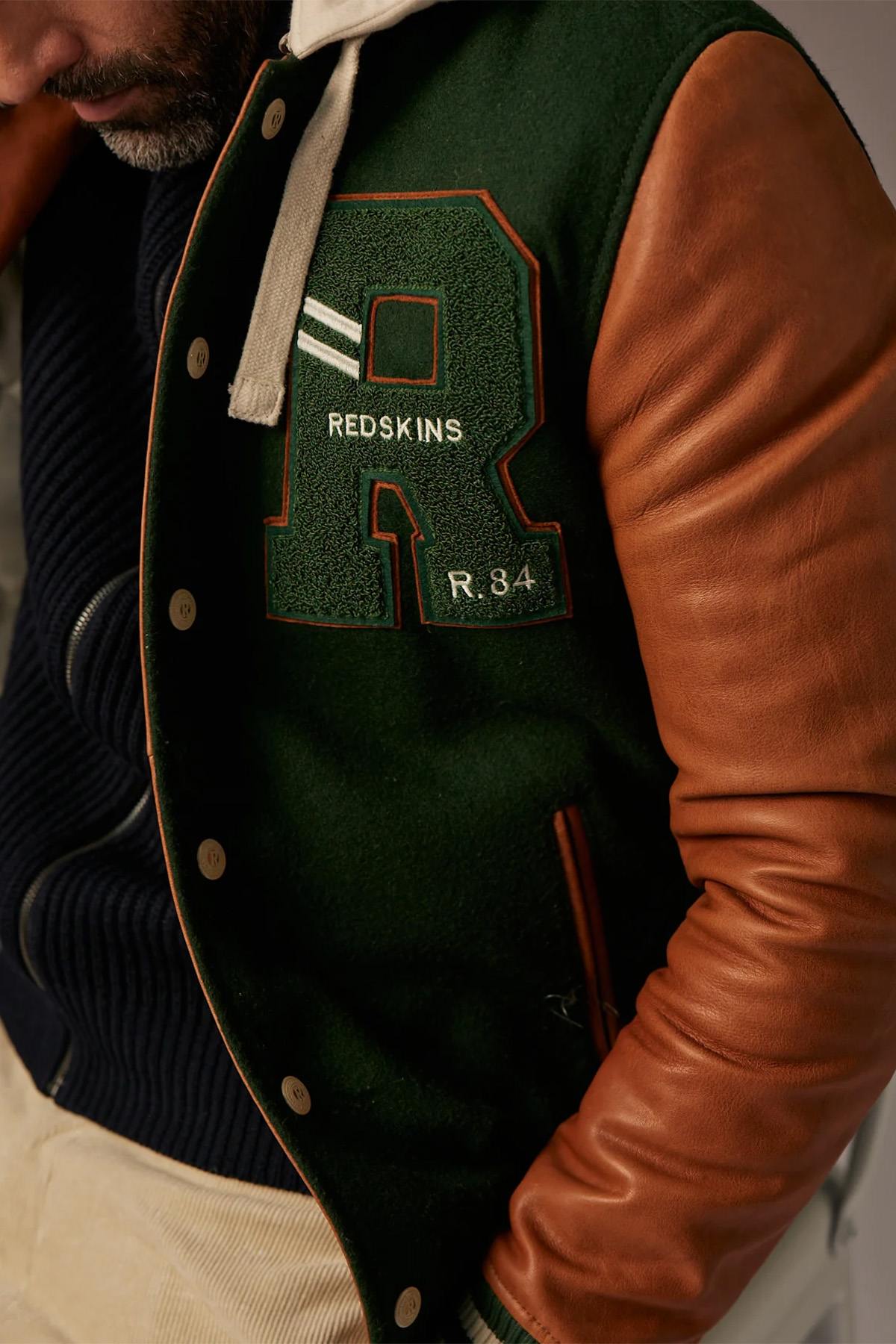Redskins' varsity jacket: forest green wool and cognac lambskin. - Image n°3