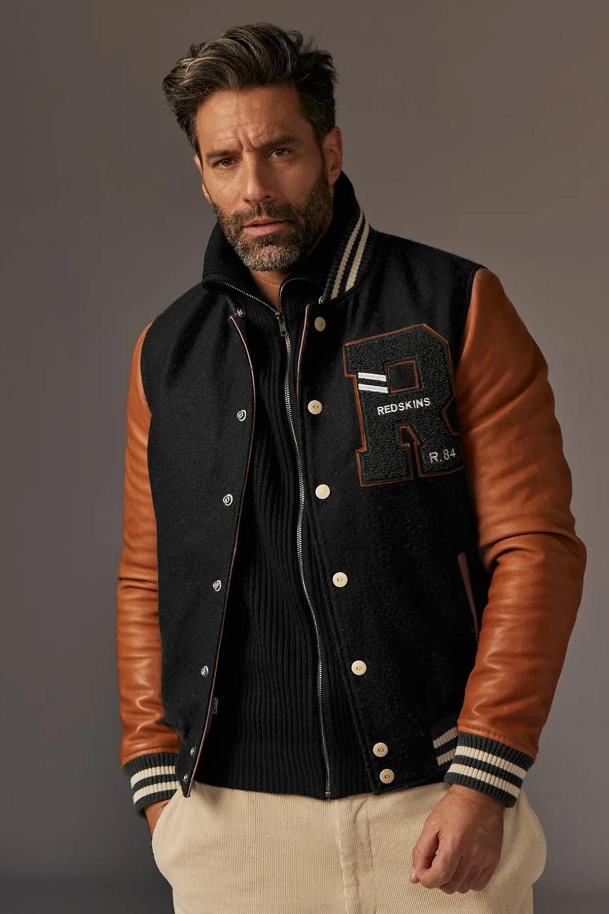 Black and cognac leather teddy with removable hood - Image n°4