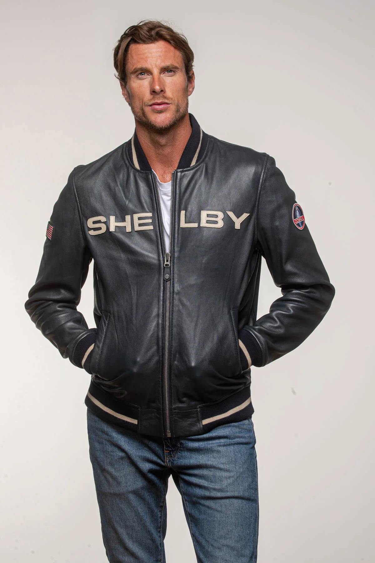 Navy blue leather jacket with Shelby logo on the back - Image n°4