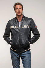 Navy blue leather jacket with Shelby logo on the back - Image n°4