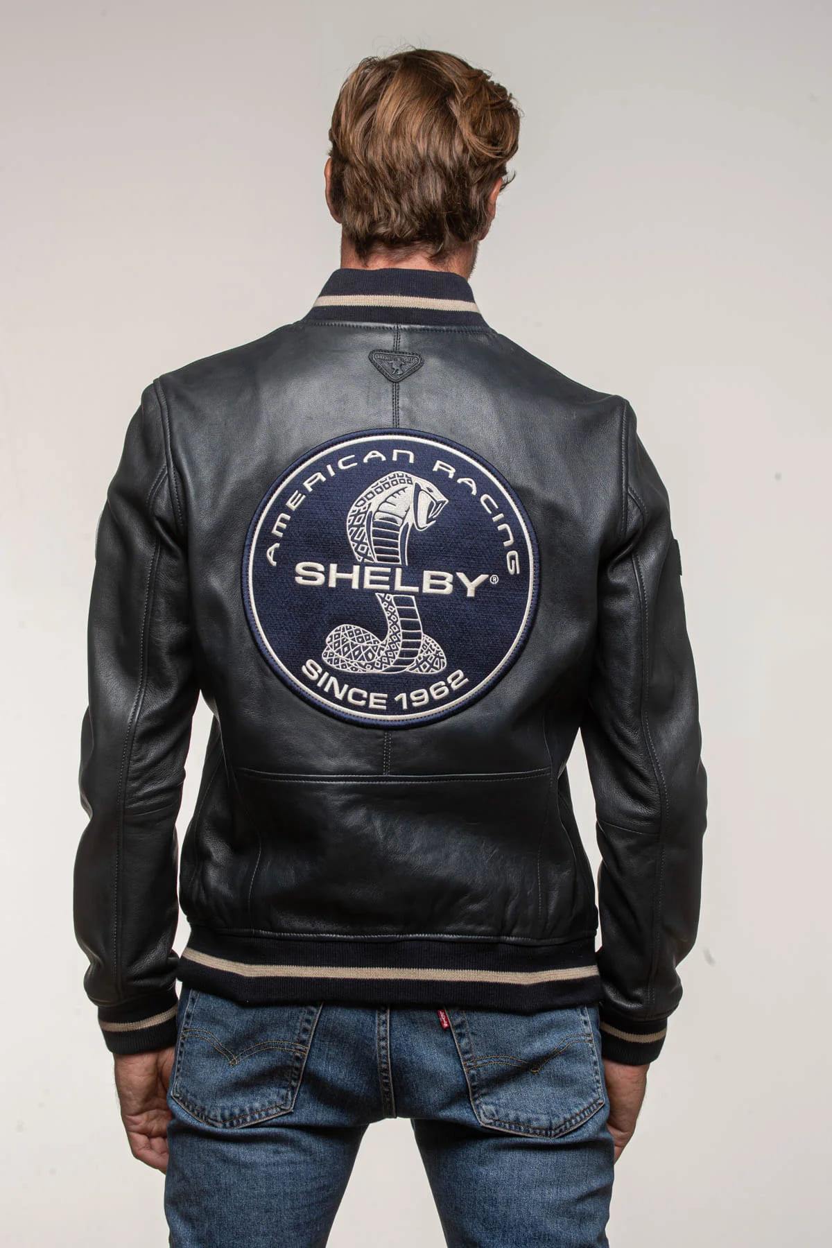 Navy blue leather jacket with Shelby logo on the back - Image n°3