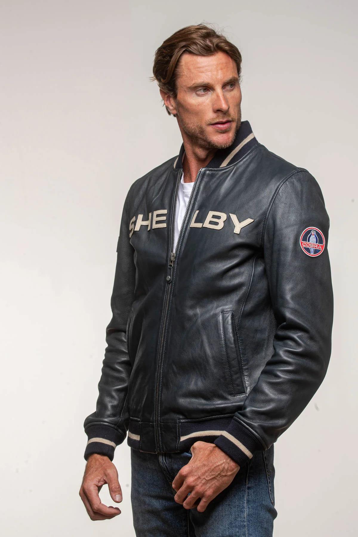 Navy blue leather jacket with Shelby logo on the back - Image n°3