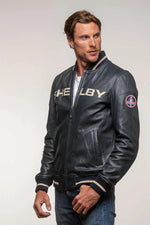 Navy blue leather jacket with Shelby logo on the back - Image n°3