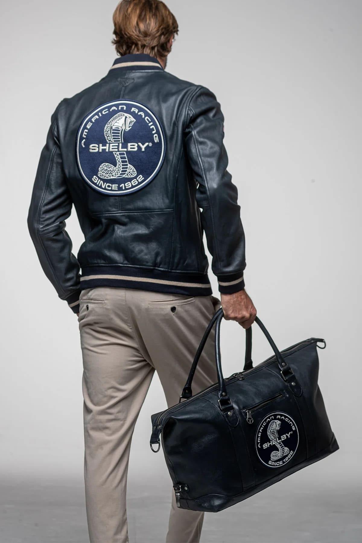 Navy Blue Leather Travel Bag with Shelby Logo - Image n°3