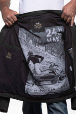 Black leather jacket with biker collar and yellow stripes - Image n°4