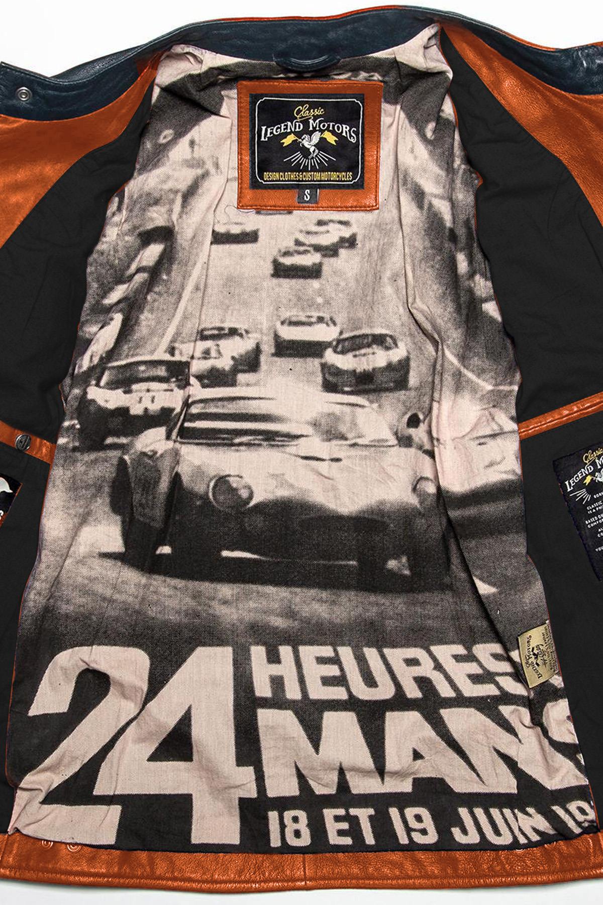 Orange sheepskin racer jacket with Le Mans patches and ribbed waist. - Image n°7