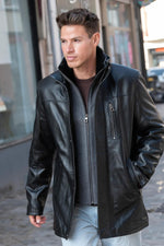 Black leather coat with stand-up collar and removable facing - Image n°6