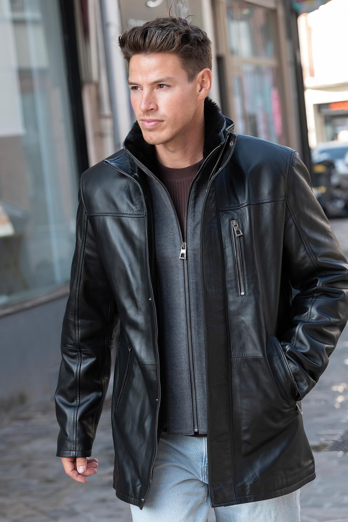 Black leather coat with stand-up collar and removable facing - Image n°6