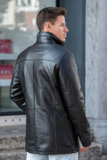 Black leather coat with stand-up collar and removable facing - Image n°2