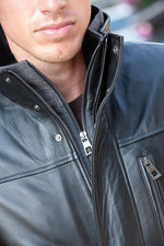 Black leather coat with stand-up collar and removable facing - Image n°3