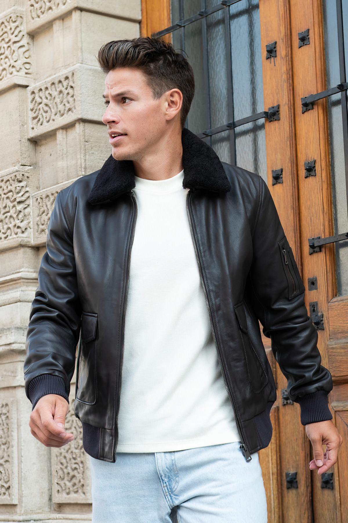 Brown sheepskin aviator jacket with removable collar for all seasons. - Image n°2
