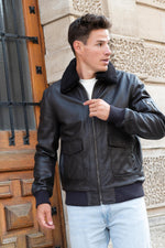 Brown sheepskin aviator jacket with removable collar for all seasons. - Image n°3